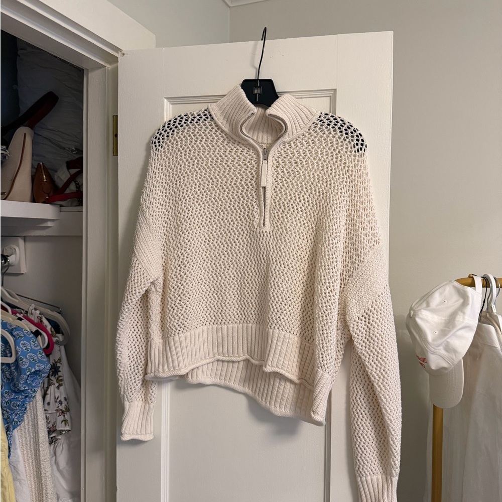 aerie Cream Open-Knit Half-Zip Turtleneck Sweater